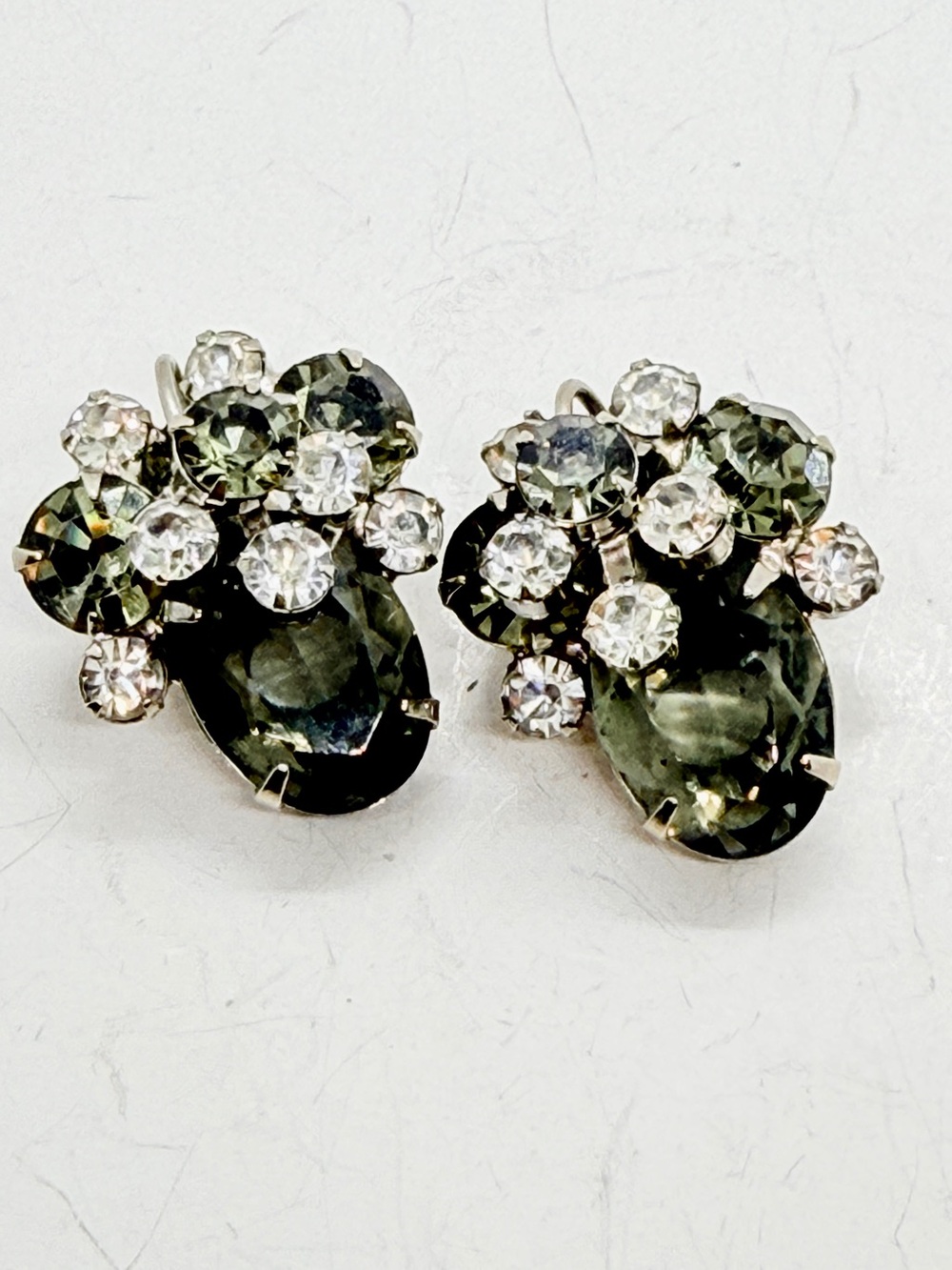 Verified Juliana D&E Clip On Earrings Gray Rhinestones Crystal Wire Over Vintage